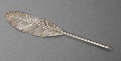 A GEORGE III SILVER DIP PEN, maker John Jago, London 1805, in the form of a feathered quill, 8"