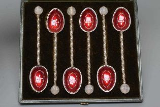 A SET OF SIX LATE VICTORIAN RUSSIAN STYLE SILVER TEASPOONS, maker Phillips Bros. & Son, London 1892,