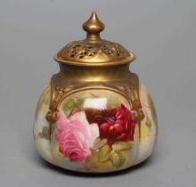 A ROYAL WORCESTER CHINA POT POURRI AND COVER, c.1918, of lobed squat globular form, painted with