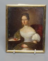 CONTINENTAL SCHOOL (Mid 19th Century), A Seated Young Lady in White Decollette Dress with Green