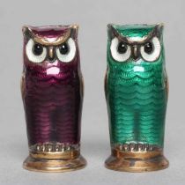 A PAIR OF NORWEGIAN SILVER GILT AND ENAMEL OWL PEPPERETTES, maker David Anderson, Sterling, both