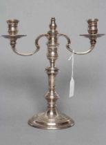 A SILVER TWO BRANCH CANDELABRUM, maker C.R. Culverwell, London 1975, in George I style, the bobbin