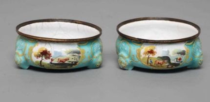 A PAIR OF ENGLISH ENAMEL CAULDRON SALTS, late 18th century, of bombe circular form, each painted