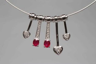 A RUBY AND DIAMOND CHOKER, stamped 750, the fine white wire choker with five "pendants", two claw