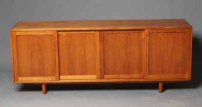 A SWEDISH TEAK RETRO SIDEBOARD, mid 20th century, the fascia with four sliding panelled doors with