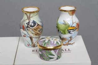 AN ELLIOT HALL ENAMEL VASE, 2009, painted by M. Cooke with small birds in a winter landscape, 2"