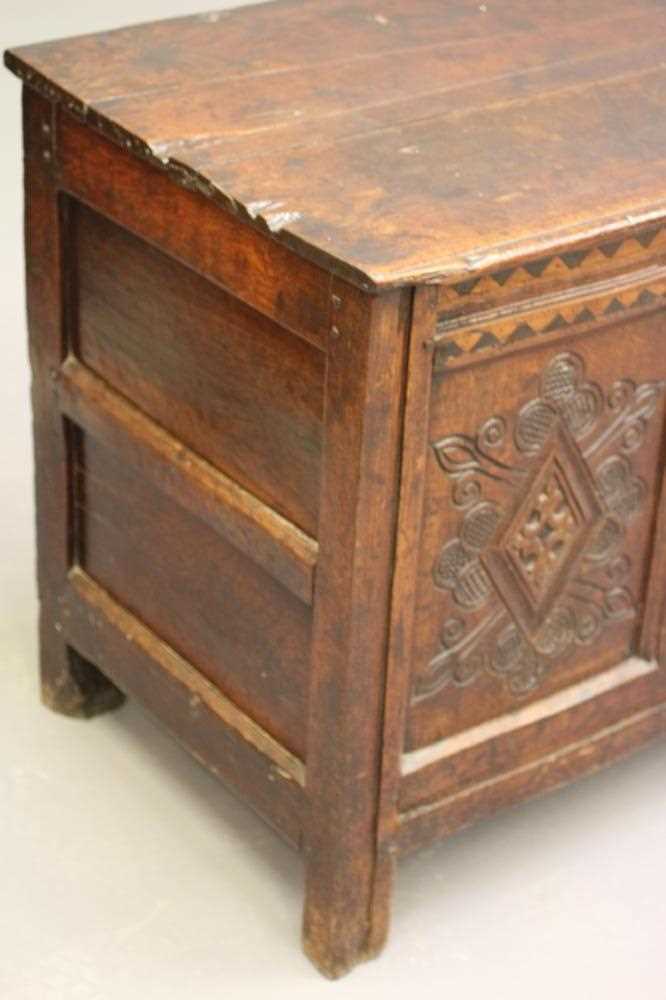 A YORKSHIRE JOINED OAK PANELLED CHEST, Leeds/Bradford, late 17th century, the moulded edged and - Image 2 of 5