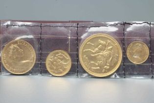 AN ELIZABETH II GOLD FOUR COIN PROOF SET 1973, Isle of Man, comprising £5, £2, sovereign and half