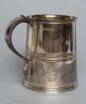 A SILVER PINT MUG, maker Roberts & Belk, Sheffield 1961, of girdled tapering cylindrical form with C