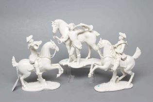 THREE NYMPHENBURG BLANC-DE-CHINE PORCELAIN "FRANKENTHAL HUNT" FIGURES, early 20th century, two