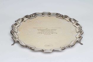 A LARGE SILVER SALVER, maker Payton, Pepper & Sons Ltd., Sheffield 1971, of shaped circular form