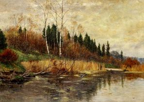 FRIEDRICH NATH (Russian 1859-1925) Autumnal River Scene, oil on canvas, signed, 26 1/4" x 36 1/2",