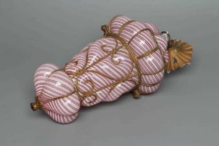 A VICTORIAN HANGING LANTERN, the wirework frame with a custom blown pink and white candy stripe