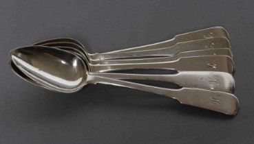 A SET OF SIX LATE GEORGE III SCOTTISH SILVER DESSERT SPOONS, maker's mark CM (Charles Murray?),