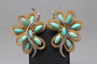 A LARGE PAIR OF DIAMOND AND TURQUOISE CLIP EARRINGS, the eight cabochon polished tear shaped