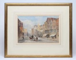 F DICKER (19th century) Street Scene with Figures, watercolour heightened with white, signed, 9 3/4"