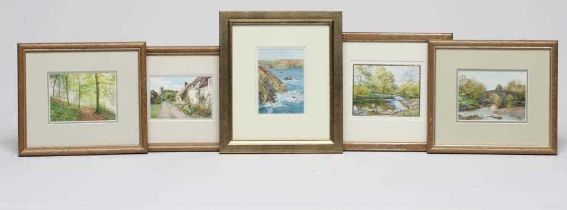 ROSALIND PIERSON (20th century) Landscapes, set of three watercolour miniatures, 3” x 4", gilt