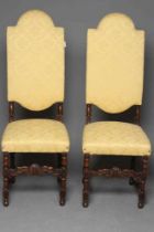 A PAIR OF OAK 17TH CENTURY STYLE BACKSTOOLS, modern, upholstered in yellow silk damask, arched