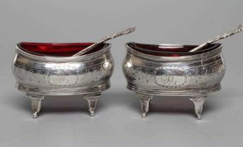 A PAIR OF LATE GEORGE III SILVER SALTS, maker Crespin Fuller, London 1808, of bombe oval form raised