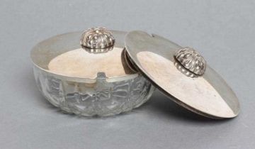 A GLASS PRESERVE DISH with silver cover, maker Cooper Bros., Sheffield, no date letter, with stamped