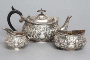 A COMPOSITE LATE VICTORIAN SILVER BACHELOR'S THREE PIECE TEA SERVICE, teapot and sugar, maker Edward