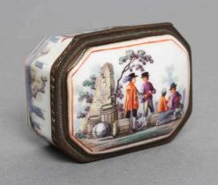 A GERMAN PORCELAIN SNUFF BOX, late 18th century, of canted oblong form, painted in polychrome