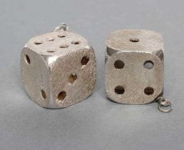A PAIR OF SILVER HOLLOW DICE, maker's mark indistinct, London 1975, with hanging loops, 3/4" wide (
