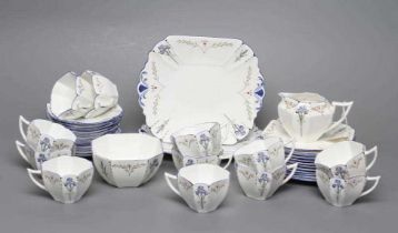 AN ART DECO SHELLEY CHINA QUEEN ANNE TEA SERVICE printed and overpainted with the Blue Iris pattern,