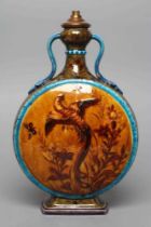 A THEODORE DECK MAJOLICA MOON FLASK, late 19th century, with garlic neck and two scroll handles with