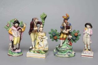 A STAFFORDSHIRE PEARLWARE FIGURE GROUP, c.1820, modelled after a Derby original of a male