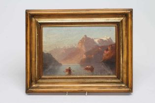 ITALIAN(?)SCHOOL 19th century, Lake Scene with Boats, oil on board, unsigned, 6 1/2" x 9 1/2",