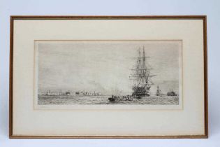 WILLIAM WYLLIE (1851-1931) "H.M.S. Victory at Portsmouth Harbour", etching, signed in pencil,