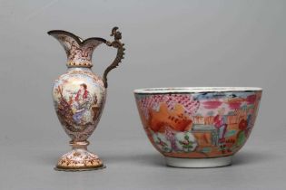 A LIMOGES ENAMEL RENAISSANCE STYLE MINIATURE EWER, late 19th century, the rounded conical body on