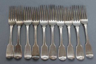 A SET OF FOUR WILLIAM IV SILVER TABLE FORKS, maker's mark WE, London 1834, in Fiddle pattern,