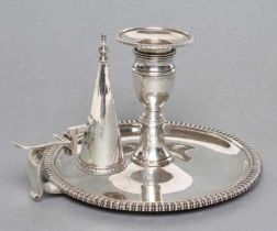 A LATE GEORGE III SILVER CHAMBERSTICK, maker probably John Moore, London 1817, the dished circular