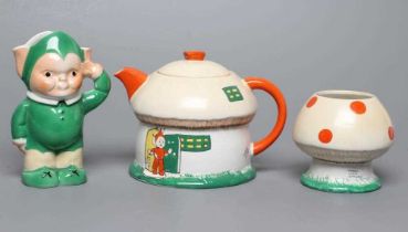 MABEL LUCIE ATTWELL FOR SHELLEY, a three piece nursery tea set, 1930's, comprising mushroom teapot