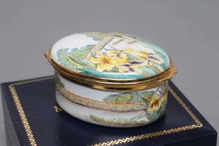 A MOORCROFT ENAMEL OVAL BOX AND COVER, 2018, painted with the Willow Fen pattern, black printed