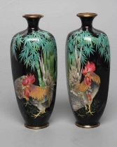 A PAIR OF JAPANESE CLOISONNE ENAMEL VASES, Meiji period, of rounded hexagonal form, inlaid in
