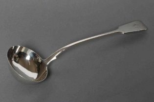 A VICTORIAN SILVER SOUP LADLE, maker's mark GA, London 1858, in Fiddle pattern engraved "O", 13 1/2"