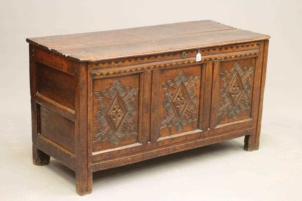 A YORKSHIRE JOINED OAK PANELLED CHEST, Leeds/Bradford, late 17th century, the moulded edged and
