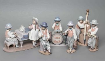 A LLADRO PORCELAIN SIX PIECE JAZZ BAND, modern, comprising drums, saxaphone, clarinet, trumpet,