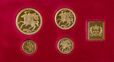 AN ELIZABETH II GOLD FOUR COIN PROOF SET, 1977, Isle of Man, Pobjoy Mint, Ltd.ed., comprising £5, £