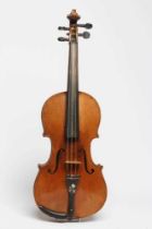 A VIOLIN, the wide grained fascia with notched sound holes, inlaid single purfling and mother of