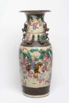 A CHINESE ALCOVE VASE of rouleau form with shi-shi handles and applied salamanders to the