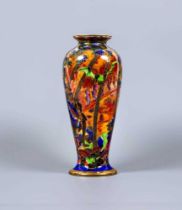A WEDGWOOD FAIRYLAND LUSTRE VASE, 1930's, of inverted baluster form, printed in gilt and painted