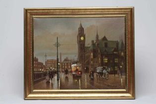 Y STEVEN SCHOLES (b.1952) "Rochdale at Night", oil on canvas, signed, 16" x 19 3/4" framed (