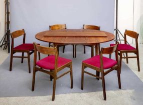 AN H P HANSEN FOR RANDERS MOBELFABRIK ROSEWOOD DINING TABLE AND CHAIRS, 1960'S, the D ended table
