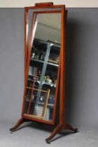 AN EDWARDIAN MAHOGANY CHEVAL MIRROR with satinwood banding and chequer stringing, the oblong plate