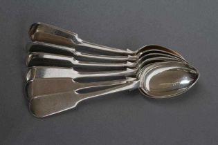A SET OF SIX VICTORIAN SILVER DESSERT SPOONS, maker J. Whipple & Co., Exeter 1876, in Fiddle