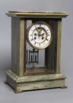 A FRENCH MARBLE MANTEL CLOCK, the twin barrel movement with Brocot escapement and mercury pendulum